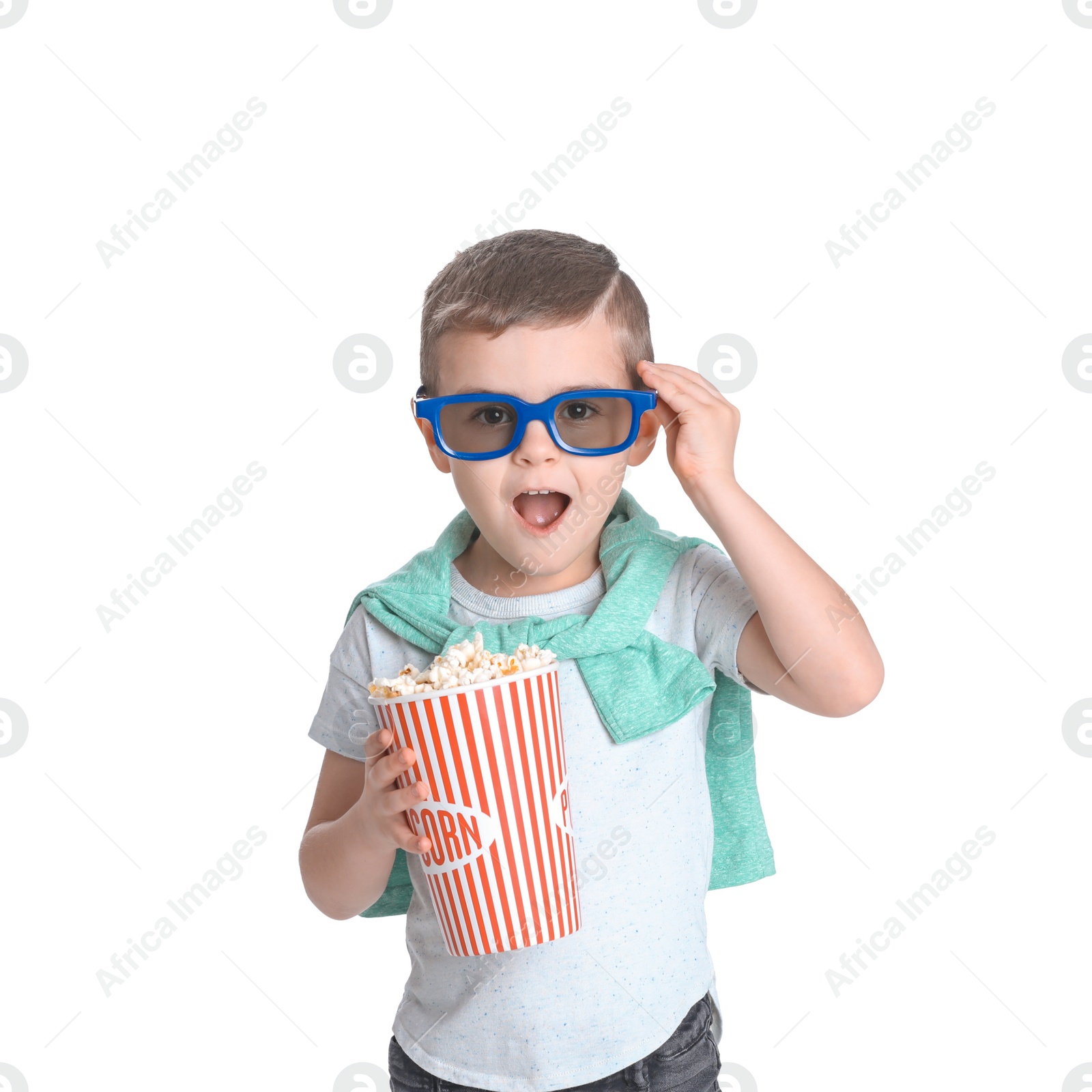 Photo of Cute little boy with popcorn and glasses on white background