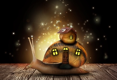 Image of Fantasy world. Magic snail with its shell house moving on wooden surface surrounded by fairy lights