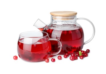 Photo of Tasty hot cranberry tea with fresh berries isolated on white