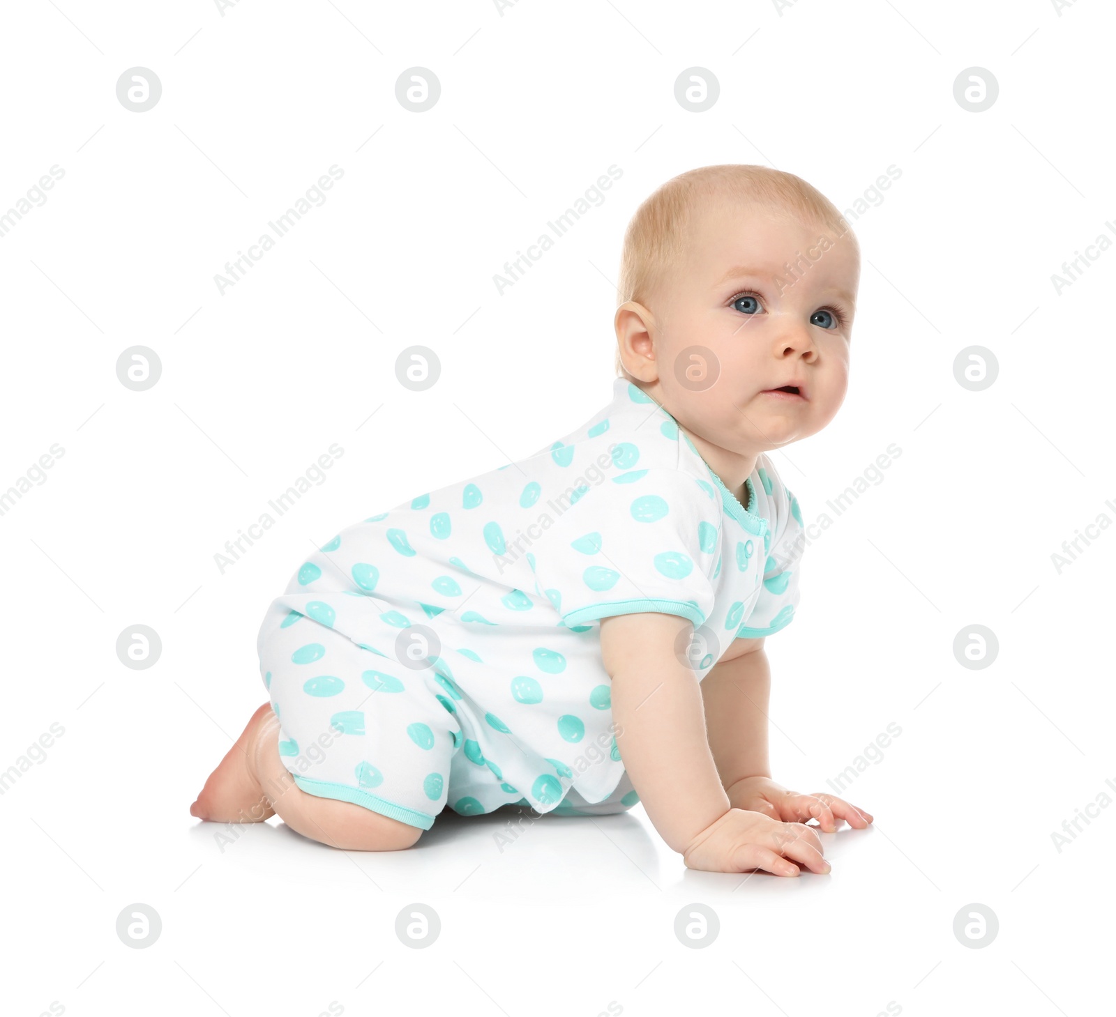 Photo of Cute little baby crawling on white background