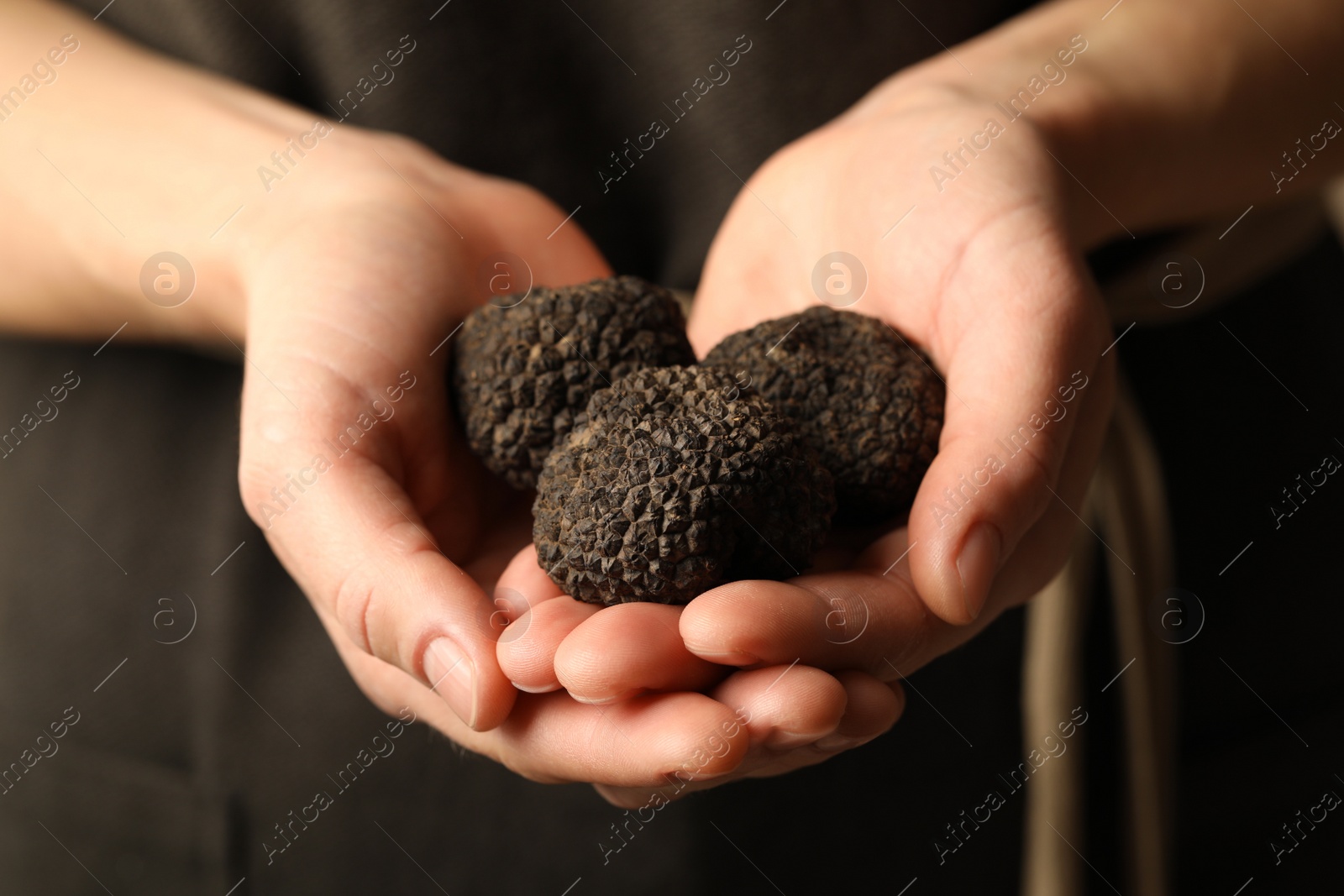 Photo of Woman holding heap of black truffles in hands, closeup