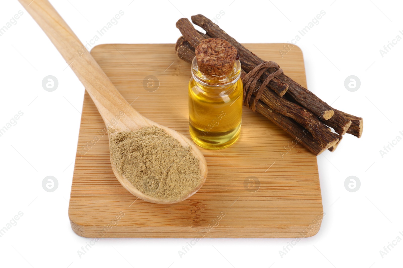 Photo of Dried sticks of licorice root, powder and essential oil isolated on white