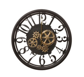 Photo of Stylish wall clock with gears isolated on white