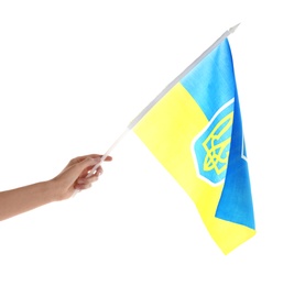 Woman holding national flag of Ukraine on white background, closeup