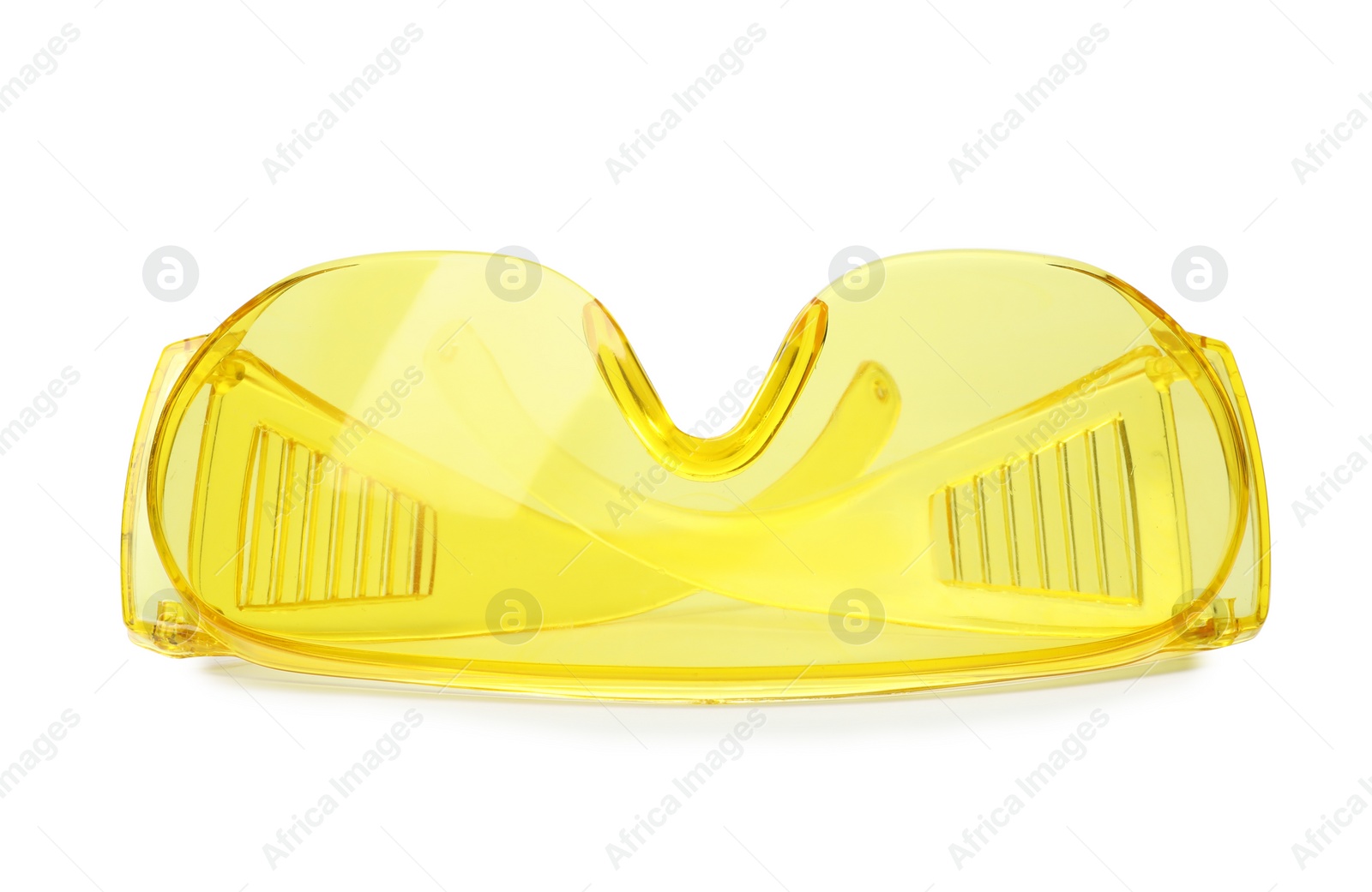 Photo of Protective goggles on white background. Construction tool