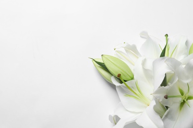 Photo of Beautiful lilies on white background, top view