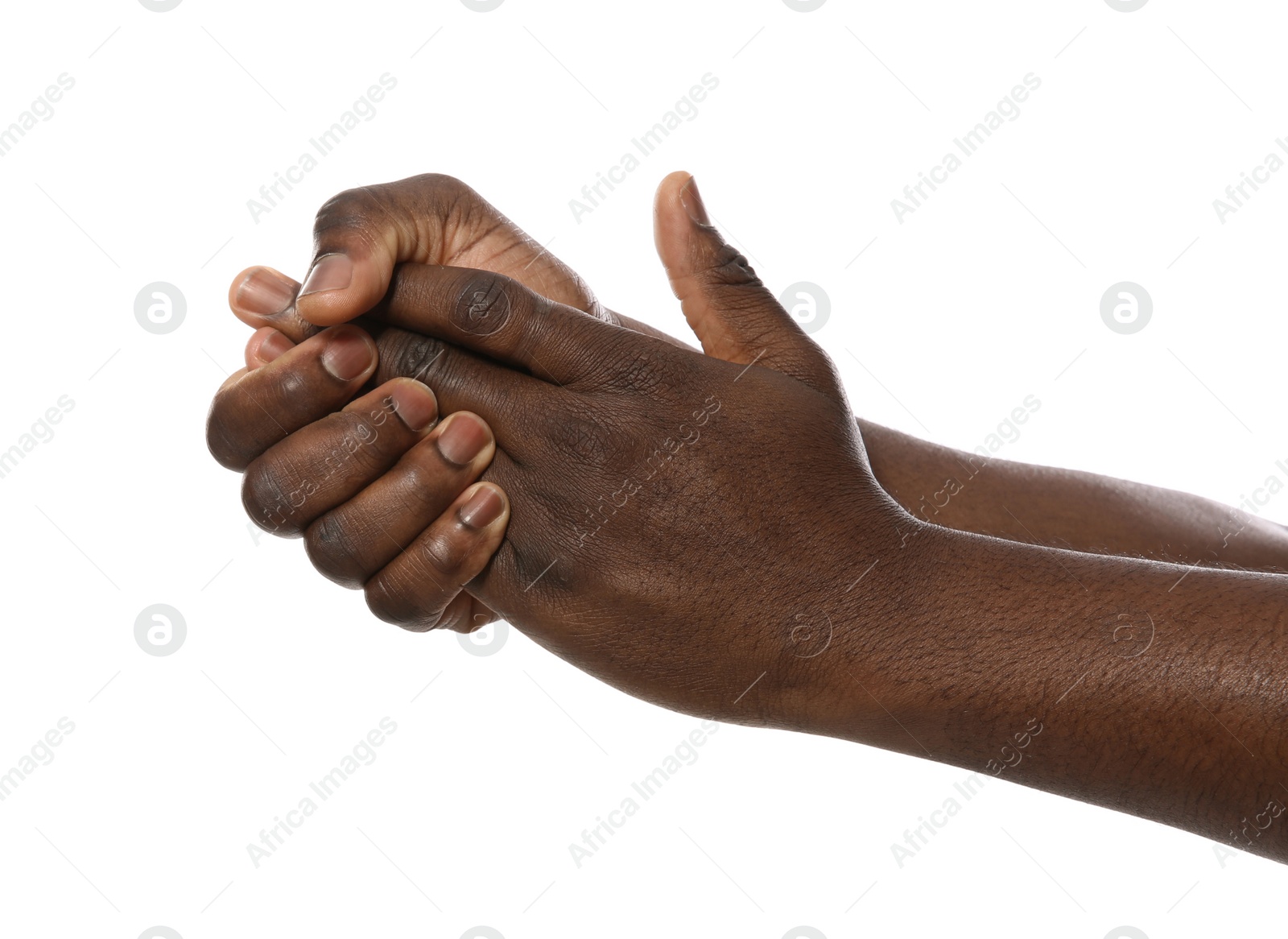 Photo of African-American man showing hand gesture on white background, closeup