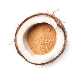 Coconut sugar and fruit isolated on white, top view