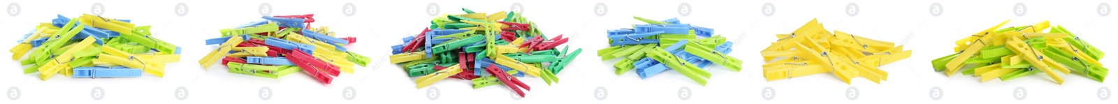 Image of Set with bright plastic clothespins on white background. Banner design 