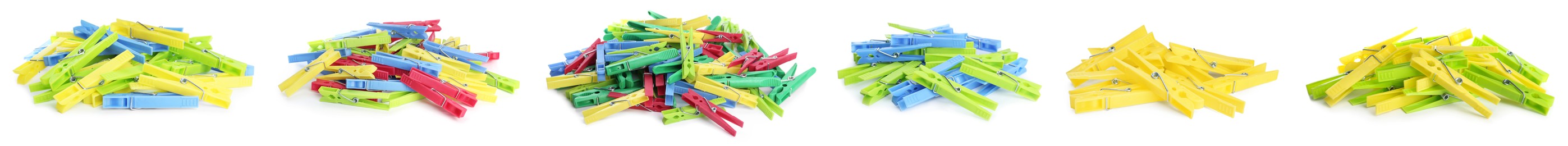 Image of Set with bright plastic clothespins on white background. Banner design 