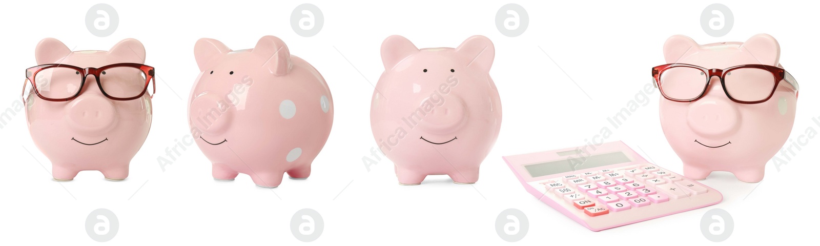 Image of Set with piggy banks on white background. Banner design