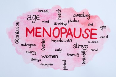 Word Menopause and its symptoms on white background, top view