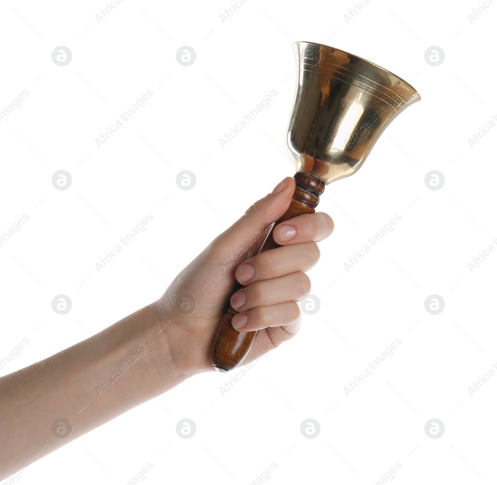 Photo of Woman ringing school bell on white background, closeup