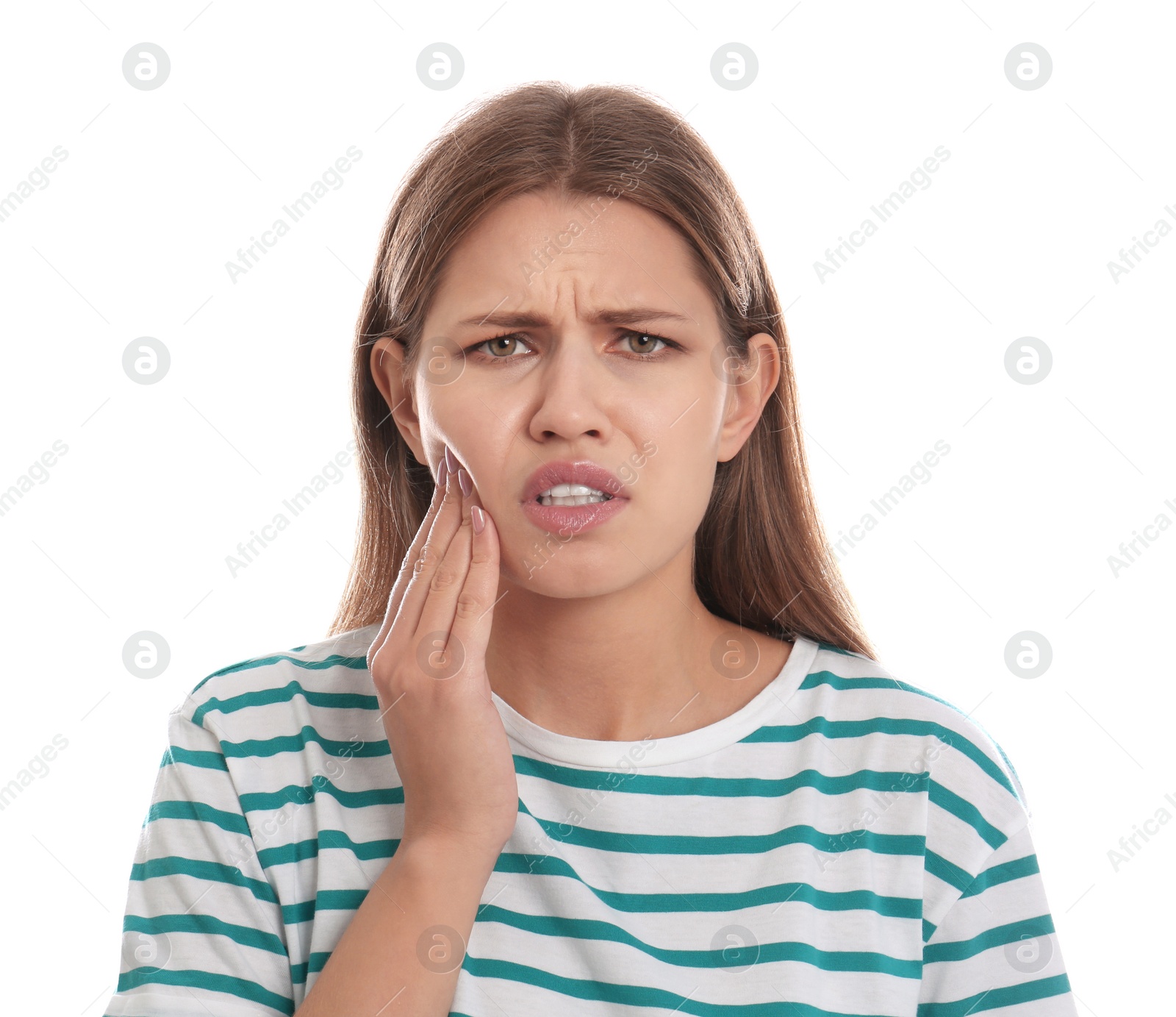 Photo of Young woman suffering from toothache on white background