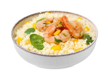 Photo of Plate of tasty couscous with shrimps, bell pepper and basil on white background