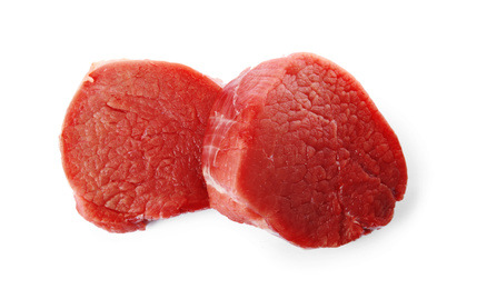 Photo of Fresh raw beef cut isolated on white, top view