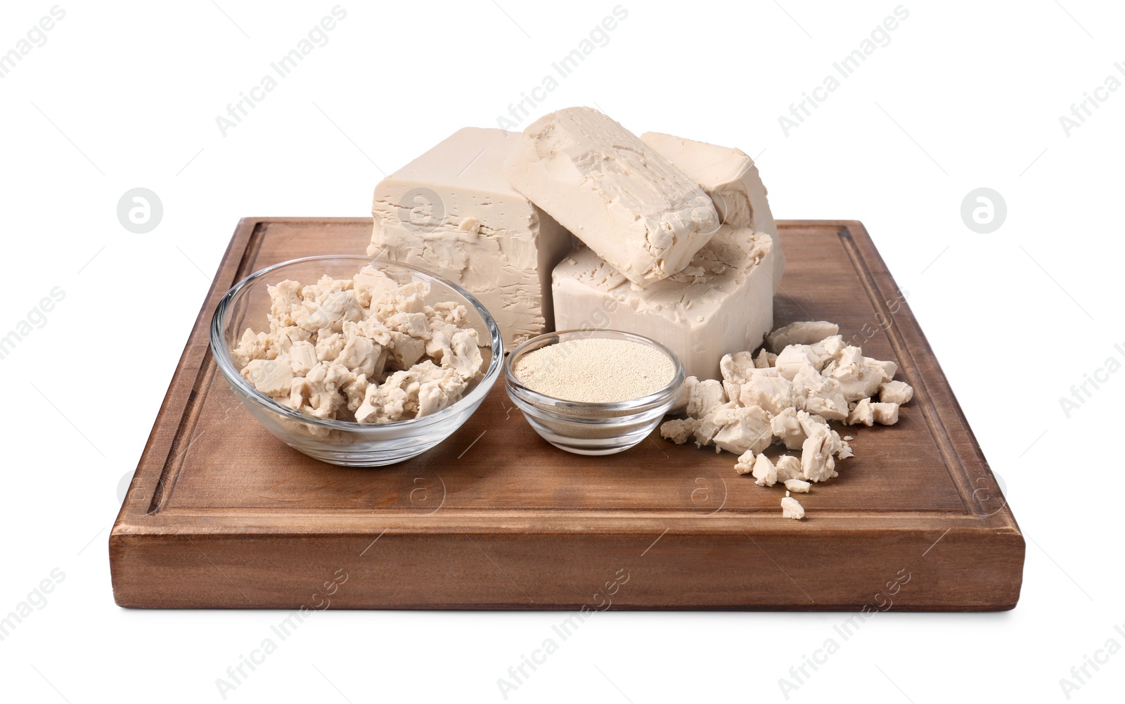 Photo of Compressed and granulated yeast isolated on white