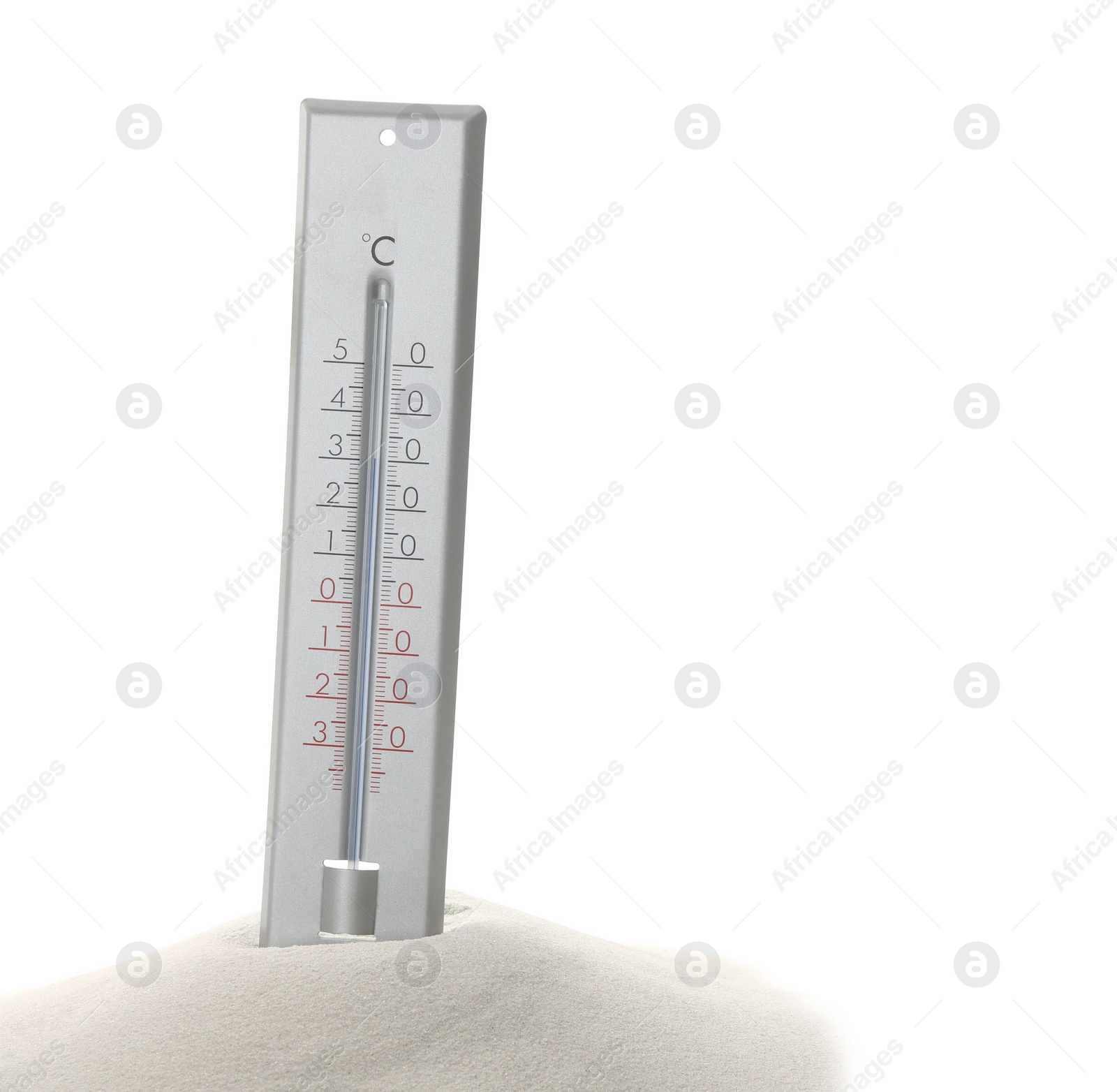 Photo of Weather thermometer in sand against white background