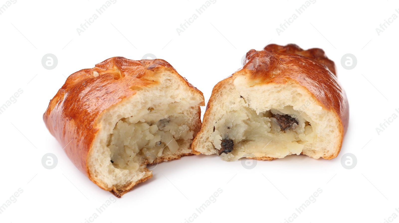 Photo of Delicious baked patty with potato and mushrooms on white background