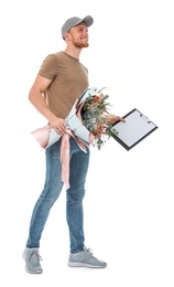 Photo of Delivery man with beautiful flower bouquet isolated on white