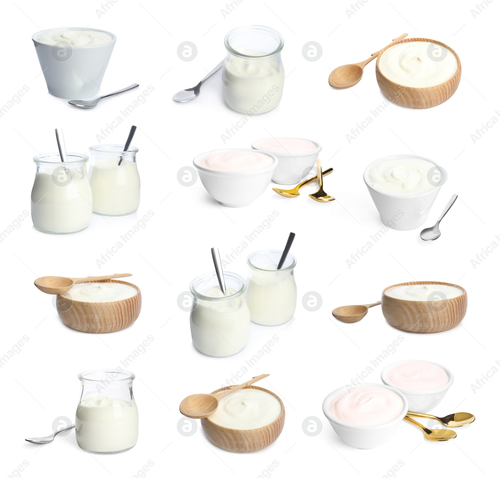 Image of Set of delicious natural yogurt on white background