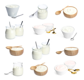 Set of delicious natural yogurt on white background