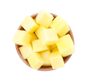 Tasty mango cubes in wooden bowl isolated on white, top view