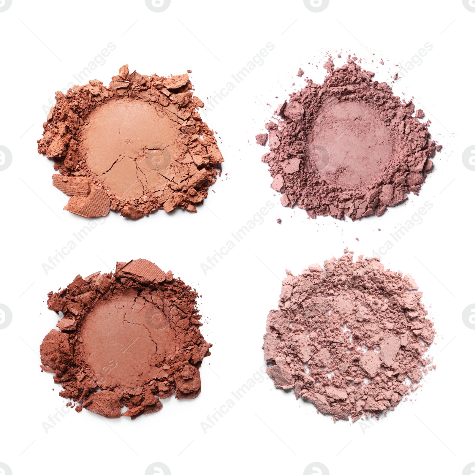 Image of Set of different crushed eye shadows on white background, top view. Nude palette