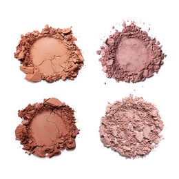 Set of different crushed eye shadows on white background, top view. Nude palette