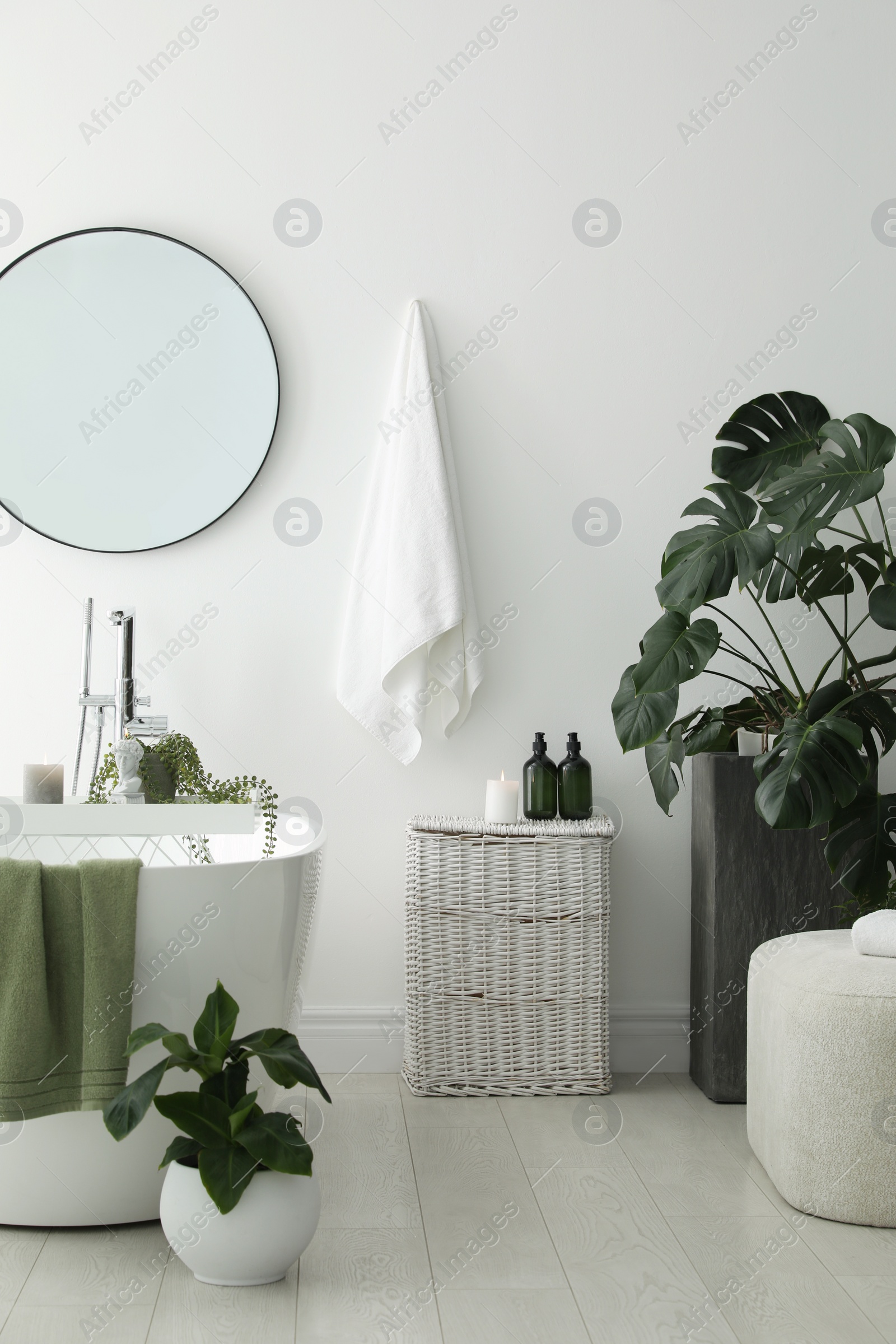 Photo of Stylish bathroom interior with modern tub, houseplants and beautiful decor. Home design