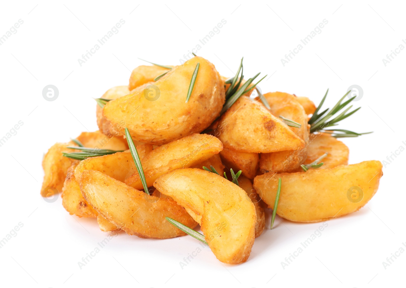 Photo of Baked potatoes with rosemary on white background