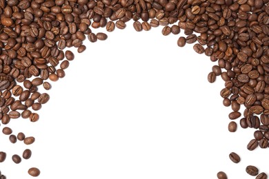 Frame of roasted coffee beans on white background, top view