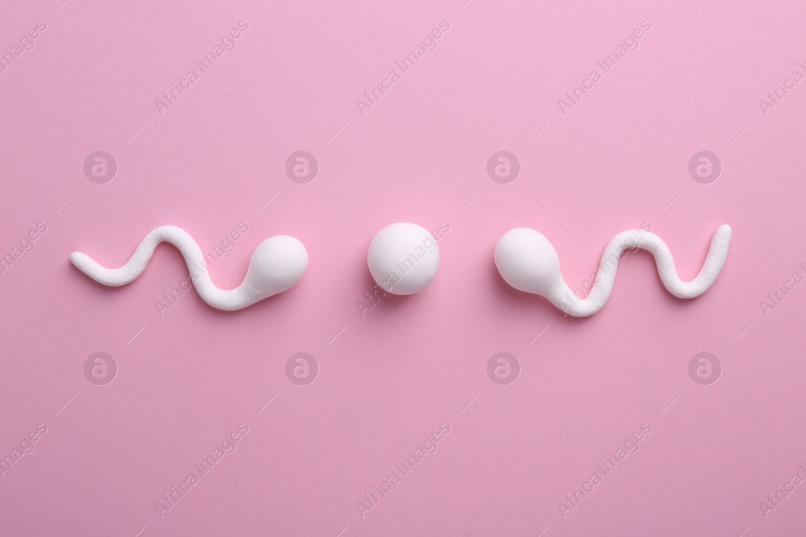 Photo of Fertilization concept. Sperm cells swimming towards egg cell on pink background, top view