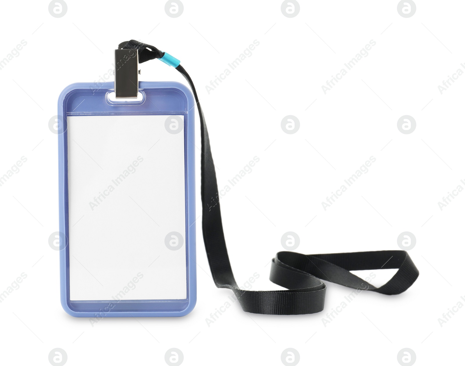 Photo of Blank blue badge with string isolated on white