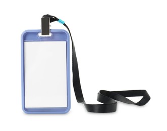 Photo of Blank blue badge with string isolated on white