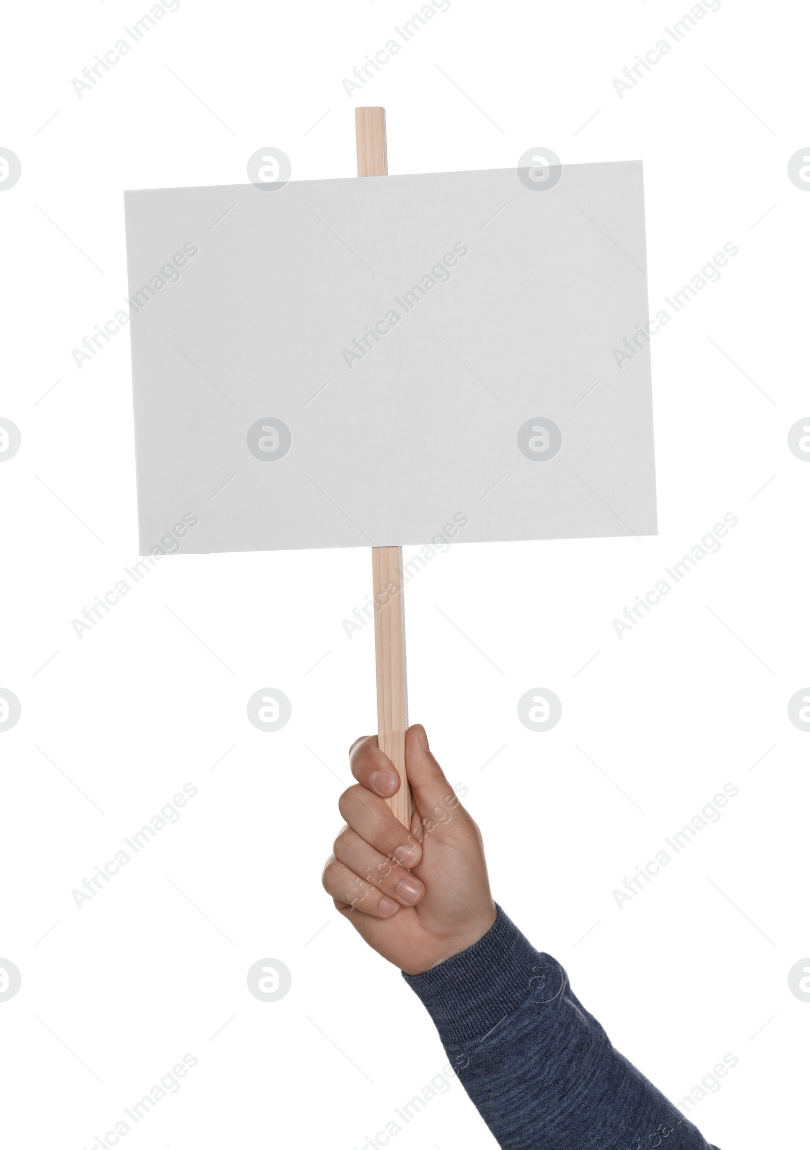 Photo of Man holding blank protest sign on white background, closeup