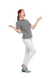 Portrait of surprised woman on white background