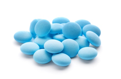 Photo of Blue pills on white background