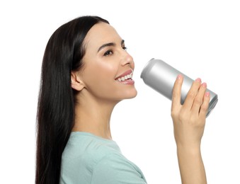 Photo of Beautiful happy woman holding beverage can on white background