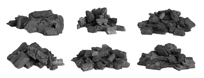 Image of Collage with different piles of charcoal on white background