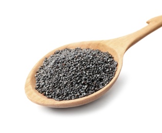 Photo of Raw poppy seeds in wooden spoon on white background