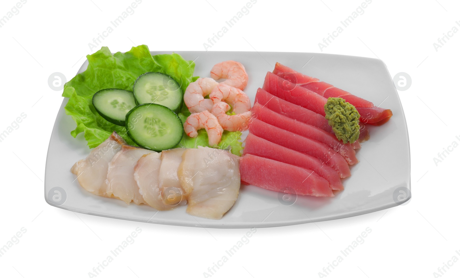 Photo of Sashimi set (raw slices of tuna, oily fish and shrimps ) served with cucumber, lettuce and vasabi isolated on white
