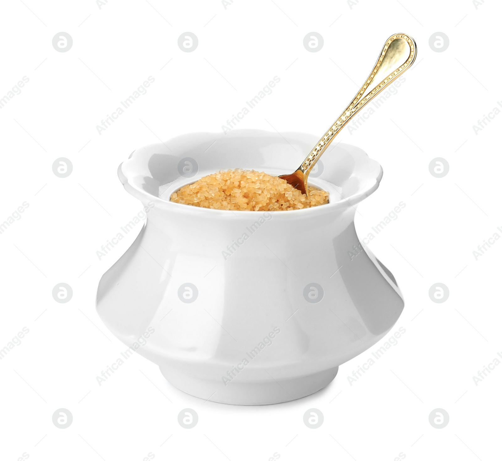 Photo of Ceramic bowl with brown sugar and spoon isolated on white