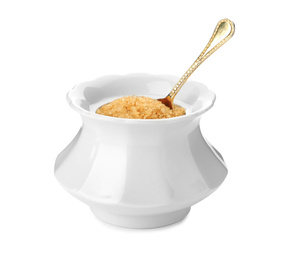 Ceramic bowl with brown sugar and spoon isolated on white