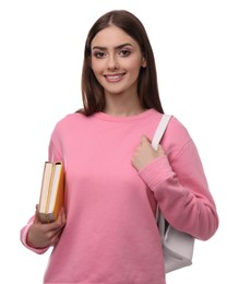 Photo of Teenage student with backpack and books on white background