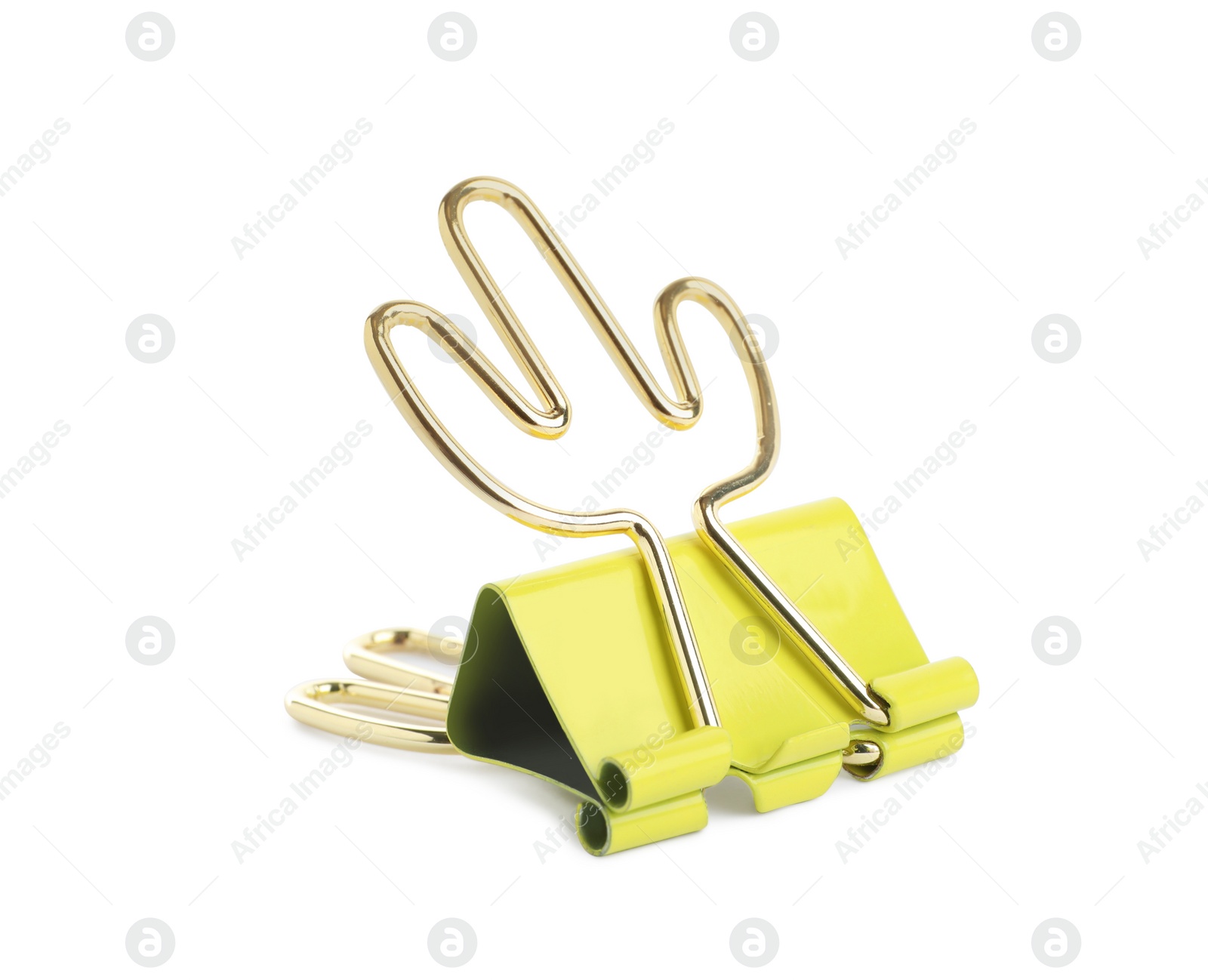 Photo of Cactus shaped binder clip isolated on white. Stationery item