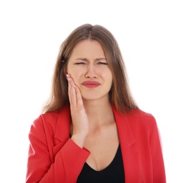 Photo of Woman suffering from toothache on white background