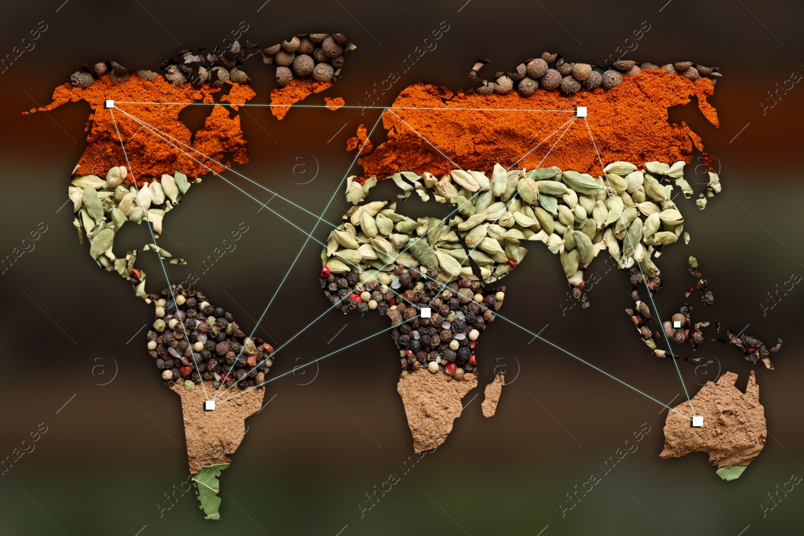 Image of Double exposure of world map and different spices on blurred background. Logistic and wholesale concept