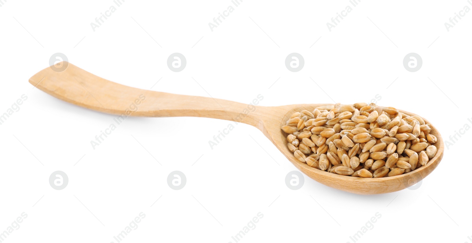 Photo of Wooden spoon with wheat grains isolated on white