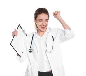 Photo of Portrait of emotional medical doctor with stethoscope and clipboard isolated on white